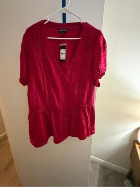 City Chic Bright Red V-Neck Button Peplum Blouse